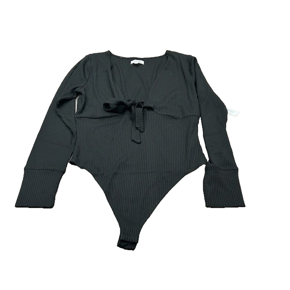 NWT Shades of Rose Womens Bodysuit Long Sleeve Rib‎ Knit Tie Front Black Size L